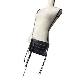 Rebecca Black Leather Clutch Crossbody Bag Zipper Accents Detachable Chain Strap